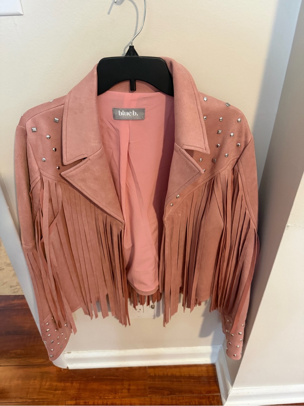 Blue.B Pink Suede Fringe Moto Jacket with Stud Accents. Never worn. Size large